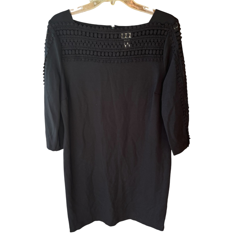 Chico's 2 Knit Black Shift Dress Crochet Lace Knee Length 3/4 Sleeve Womens M